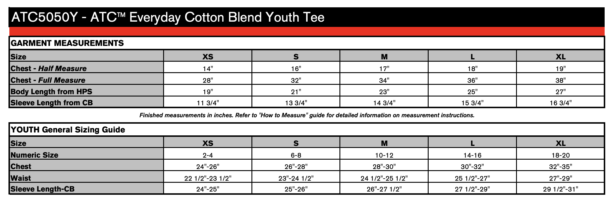 Everyday Cotton Blend Youth Tee size chart